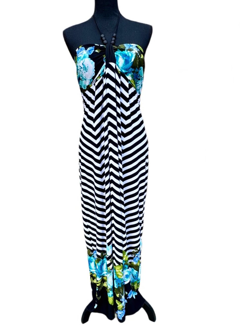 Saint Tropez West Maxi Dress Sz 12 Mixed Print Floral Chevron Beaded Halter Tie